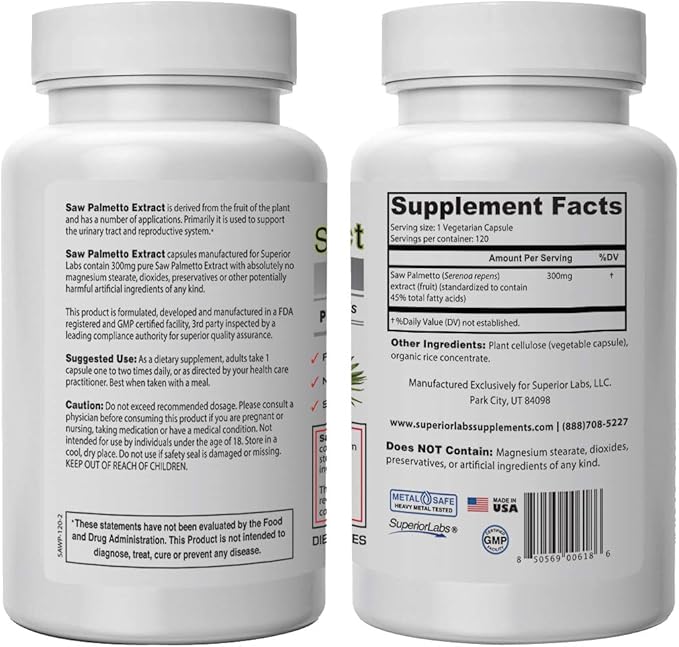 Superior Labs — Saw Palmetto Extract NonGMO, Non Synthetic— 300 mg Dosage, 120 Vegetable Capsules — Supports Urinary Tract Flow & Frequency