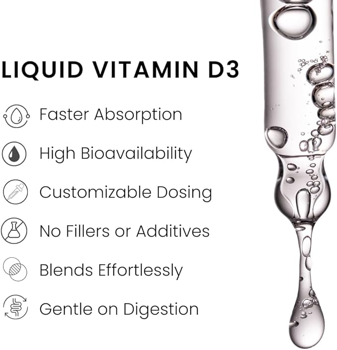 Liquid Vitamin D3 Drops 5000 IU – High Absorption for Immune & Bone Support – Tasteless, Non-GMO, Adjustable Dosing – 2 Ingredients (Vitamin D + Organic MCT Oil) – 2 oz (60 Servings)
