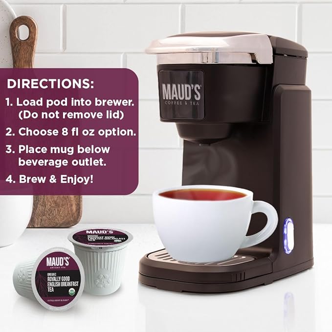 Maud's Organic English Breakfast Black Tea Pods, 24 ct, Recyclable Single Serve Pods – 100% Gourmet Blended Tea Leaves, Compatible with Keurig K Cups Maker