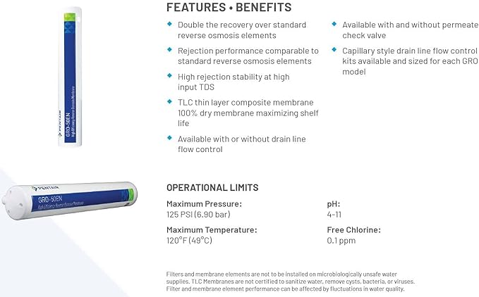 Pentair Pentek GRO-75EN High Efficiency Reverse Osmosis Membrane, TLC Encapsulated Replacement Membrane with Permeate Check Valve, 200 ML/Minute Drain Line Flow Control, 75 GPD Flow Rate