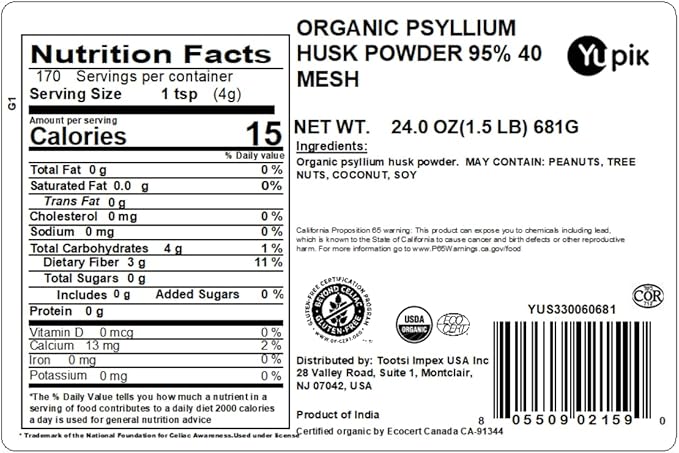 Yupik Organic Psyllium Husk Powder 24 Oz, 95% Purity, USDA Certified, Non-GMO, Vegan, Gluten-Free, Unflavored, Plant-Based, Coarse Milled Husk, Source of Fiber for Baking & Digestive Health
