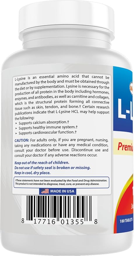 Best Naturals L-Lysine 1000mg 180 Tablets (180 Count (Pack of 1)) (3 Bottles)
