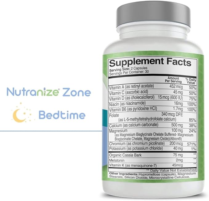 Zone Calcium Supplement, Magnesium Glycinate, Vitamin D3, K2 MK7, Methylfolate, Berberine, Chromium Picolinate, Cinnamon, Melatonin (60 Count of Both Bottles)