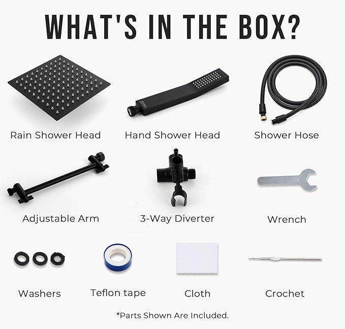 G-Promise All Metal 8 Inch Dual Square Shower Head with Handheld Spray Combo, Rain Shower Head, Adjustable Extension Arm, 3-Way Diverter, 71 Inch Extra Long Hose - A Bathroom Upgrade (Matte Black)