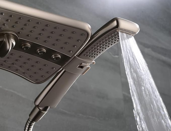 BRIGHT SHOWERS High Pressure Shower Head Combo with Two Spray Setting Fixed Shower Head and Two Spray Settings Handheld Shower Head with Grey Face, Brushed Nickel