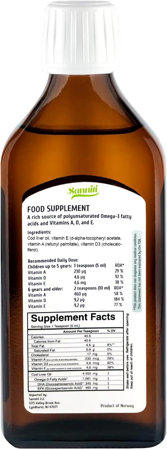 Sanniti 100% Natural Cod Liver Oil, 1081 mg Total Omega-3 Fatty Acids, Wild Caught Nordic, 250 mL (8.4 oz) (Unflavored)