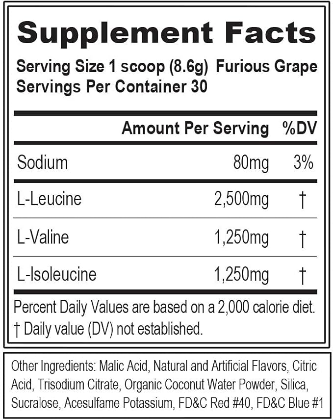 EVL BCAAs Amino Acids Powder - BCAA Powder Post Workout Recovery Drink and Stim Free Pre Workout Energy Drink Powder - 5g Branched Chain Amino Acids Supplement for Men - Furious Grape