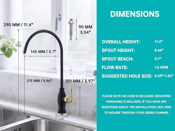 Delle Rosa Drinking Water Faucet, Solid Brass Kitchen Water Filter Faucet, Commercial Water Filtration Faucet for Under Sink Water Filter System Black& Gold