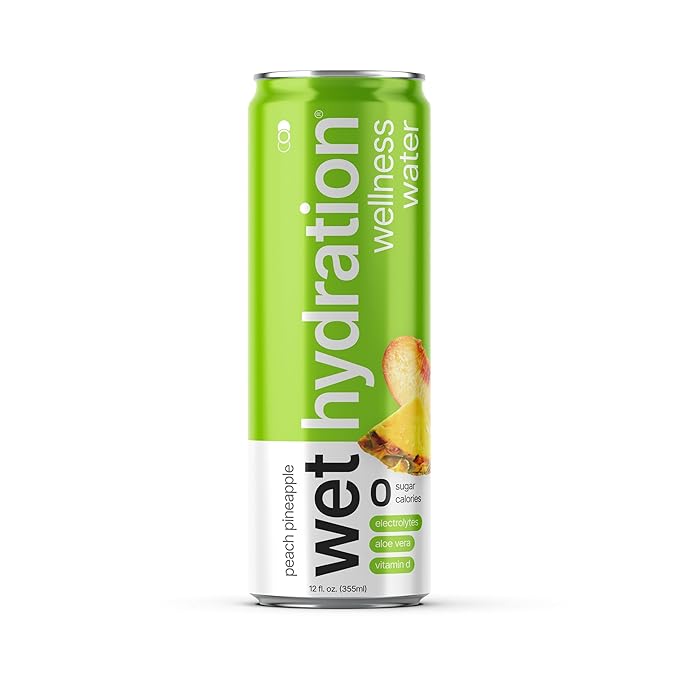 Wet Hydration, Zero Calorie, Functional Wellness Water - Peach Pineapple (12 Ounce Cans, Pack of 12) - Flavored Water, Hydration Drink, No Sugar, No Artificial Ingredients, Zero Calories (Packaging May Vary)