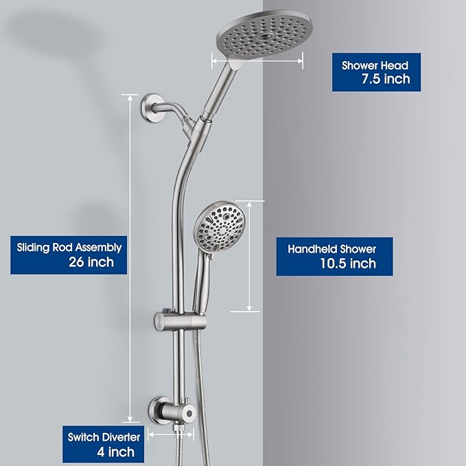 High Pressure Shower Head with Handheld Shower, 26" Adjustable Height Drill-Free Slide Bar, 3-Way Diverter for Easy Reach, Dual Shower Head Combo Set with 5ft Hose - Brushed Nickel