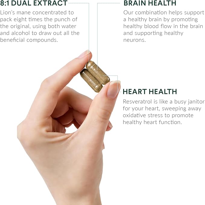Lion’s Mane + Resveratrol - With 800mg Lion’s Mane Extract & 350mg Trans-Resveratrol Per Serving - Supports Brain & Heart Health - Dietary Supplement - 1 Month Supply - 60 Capsules