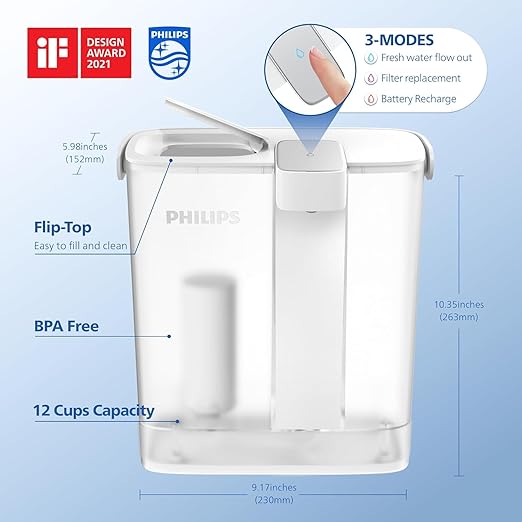 PHILIPS Water Filter Pitcher, GoZero Next-gen Instant Water Purifier Filter Dispenser with Rechargeable Battery Mirco-X Clean Tech, Reduce Chlorine Lead Copper for Fridge Door 12Cup 3Filter for 9month