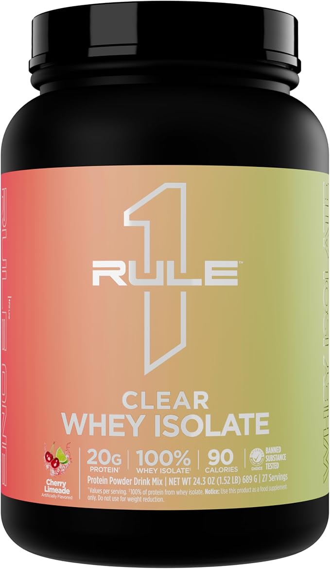 Rule 1 Clear Whey Isolate - 20g All-whey Isolate Protein, Over 9g EAAs, 300mg of Electrolyte Minerals, 90 Calories, Light, Crisp, and Refreshing Taste (27 Servings, Cherry Limeade)