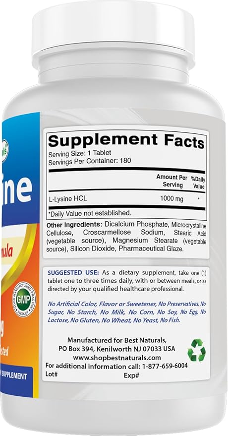 Best Naturals L-Lysine 1000mg 180 Tablets (180 Count (Pack of 1)) (3 Bottles)