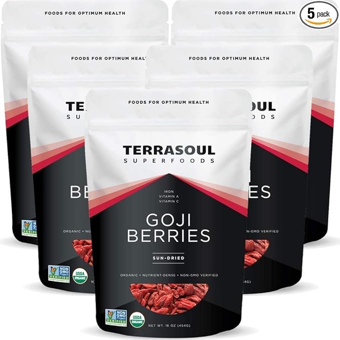 Terrasoul Superfoods Organic Goji Berries, 5 Lbs (5 pack) - Large Size | Chewy Texture | Premium Quality | Lab-Tested