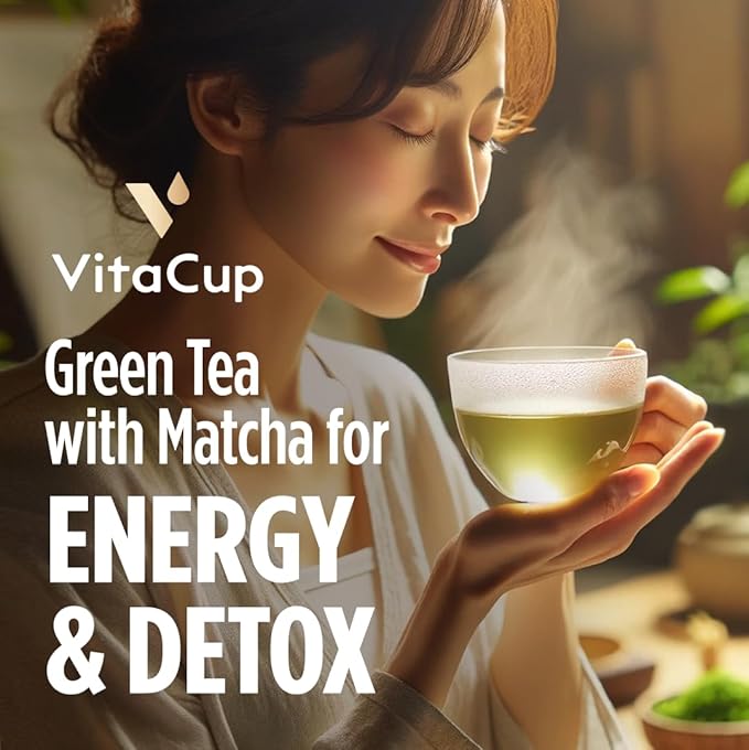 VitaCup Green Tea Pods, Enhance Energy & Detox with Matcha, Moringa, B Vitamins, D3, Keto, Paleo, Vegan, Recyclable Single Serve Pod, Compatible with Keurig K-Cup Brewers,32 Ct