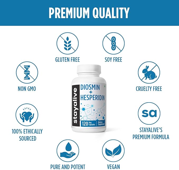 STAY ALIVE Diosmin Hesperidin 1000mg Complex, 120 Count, Citrus Bioflavonoids Rich Fruit Extract, 2 Month Supply, 100% Vegetarian, Non-GMO & Gluten Free Hesperidin and Diosmin Supplement Capsules