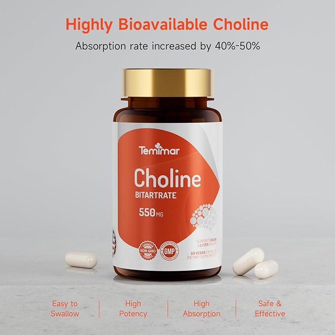 Choline Bitartrate 550mg, Supports Liver & Brain Health, High Absorption Choline Supplements, Non-GMO, Gluten-Free, Made in USA, 60 Vegan Capsules