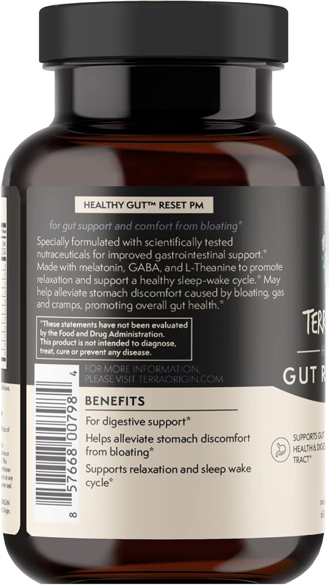 TERRA ORIGIN Healthy Gut Reset PM | 60 Veggie Capsules | Natural Sleep Aid Supplement for Sleep & Wake Cycles | GABA, L-Tryptophan, Melatonin, L-Glutamine, Licorice Root, Slippery Elm Root