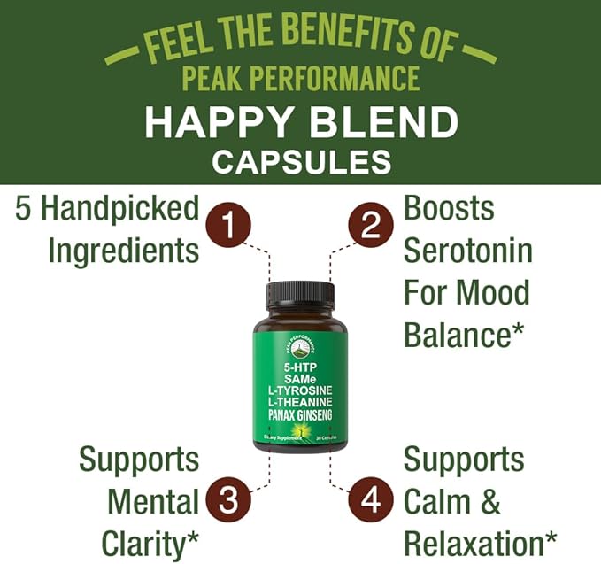 Peak Performance Mood Support Supplement with 5 Top Ingredients: 5HTP, SAM e, L Tyrosine, L Theanine, and Panax Ginseng. Calm, Focus, Relaxation Supplements. Vegan