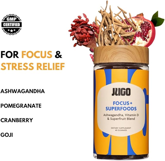 JUGO Focus + SUPERFOODS | Ashwagandha Gummies with Vitamin D3 & Superfruit Blend | 40 Count Plant - Based Adaptogen Gummies | Gelatin-Free, Non-GMO, Made in USA