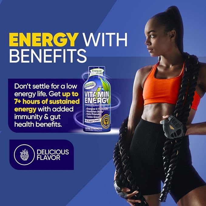 Vitamin Energy Immune+ Extra Strength Energy Shot Blue Raspberry 12 Pack, 260mg Natural Caffeine, B-Vitamins, Citicoline, Green Tea, Immunity & Focus Support, Zero Sugar, Gluten-Free 1.93 fl oz