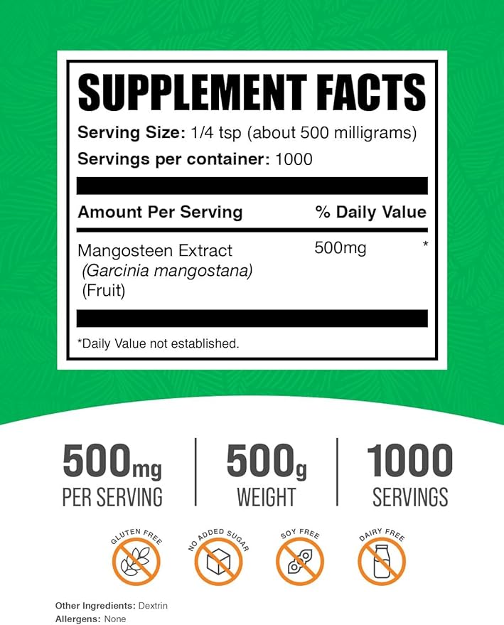 BulkSupplements.com Mangosteen Extract Powder - Superfood Supplement, from Mangosteen Fruit - Gluten Free, 500mg per Serving, 500g (1.1 lbs) (Pack of 1)