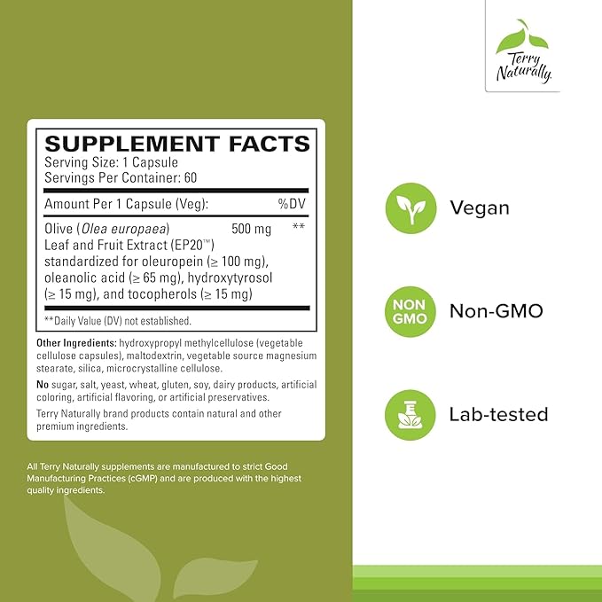 Terry Naturally Olive Extract EP20 - Brain Health Support Supplement with Olive Leaf Extract - Herbal Supplement to Aid Healthy Immune System Function - 60 Capsules (60 Servings)