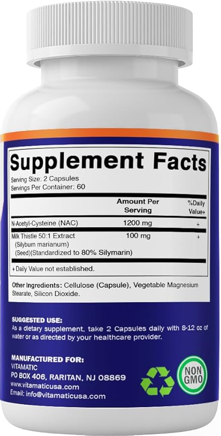 Vitamatic NAC Supplement N-Acetyl-L-Cysteine (NAC) with Milk Thistle 50:1 Extract - Supports Immune, Respiratory, Liver Health, 1200 mg per Serving, 120 Veg Capsules