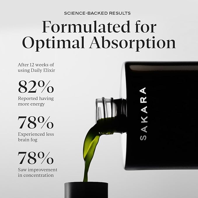 SAKARA Daily Elixir Liquid Multivitamin - Essential Nutrients for Radiant Skin & Cognitive Health - Plant-Based Bioavailable Formula with Vitamin E & Selenium - Sugar-Free Lemon Verbena-Mint, 16 fl oz