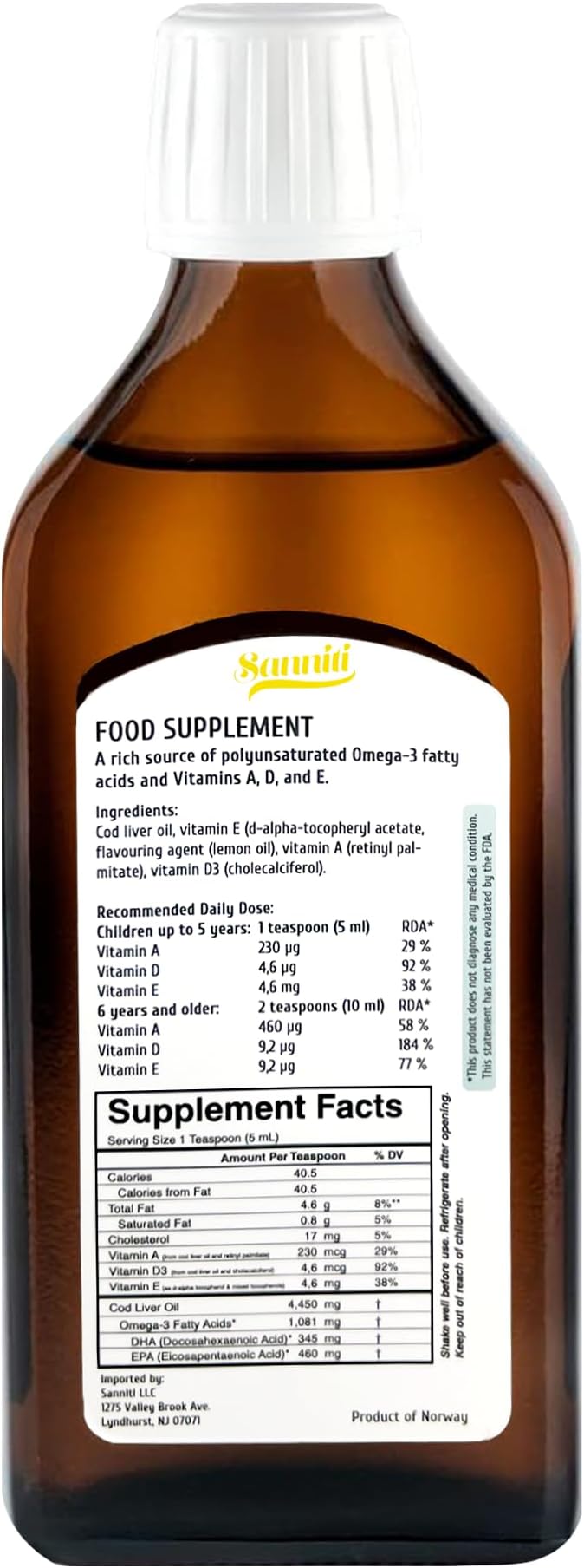 Sanniti 100% Natural Cod Liver Oil, 1081 mg Total Omega-3 Fatty Acids, Wild Caught Nordic, 250 mL (8.4 oz) (Lemon)