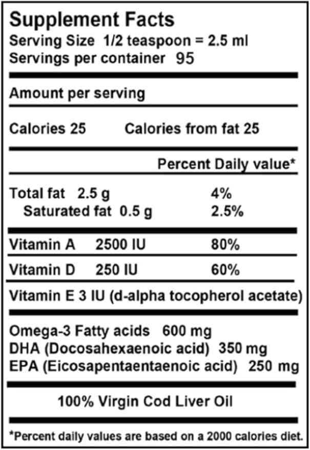 Virgin Cod Liver Oil - 8 Fl oz Natural, Wild Caught & Fresh Tasting, High in Vitamin D, Omega 3 DHA/EPA (Original Taste-Unflavored)
