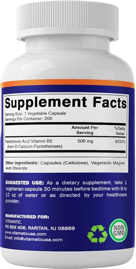 Vitamatic Pantothenic Acid (Vitamin B5) 500 mg- 200 Capsules - 2 Pack
