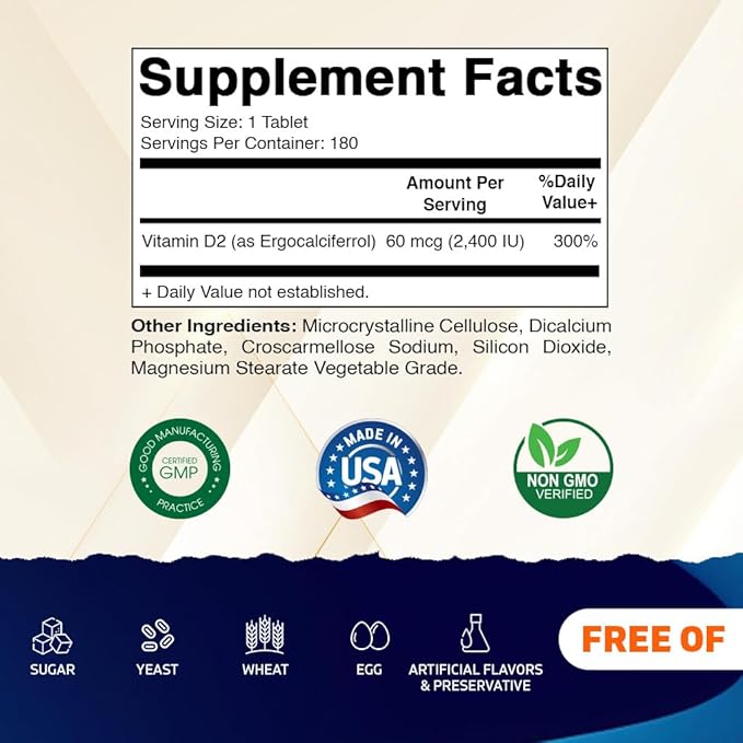Vitamatic Vitamin D2 60 mcg (2400 IU) - Ergocalciferol - 180 Vegetarian Tablets (180 Tablets (Pack of 1)) (3 Bottles)