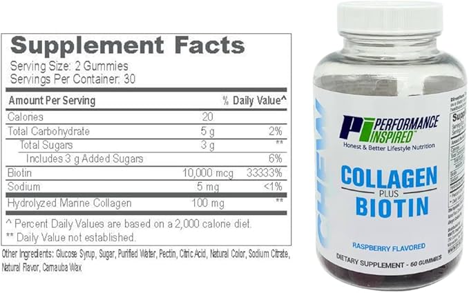 PERFORMANCE INSPIRED Nutrition Collagen + Biotin Gummies – Hydrolyzed Marine Collagen – Supports Hair, Skin & Nails – Raspberry Flavor – 60 Count