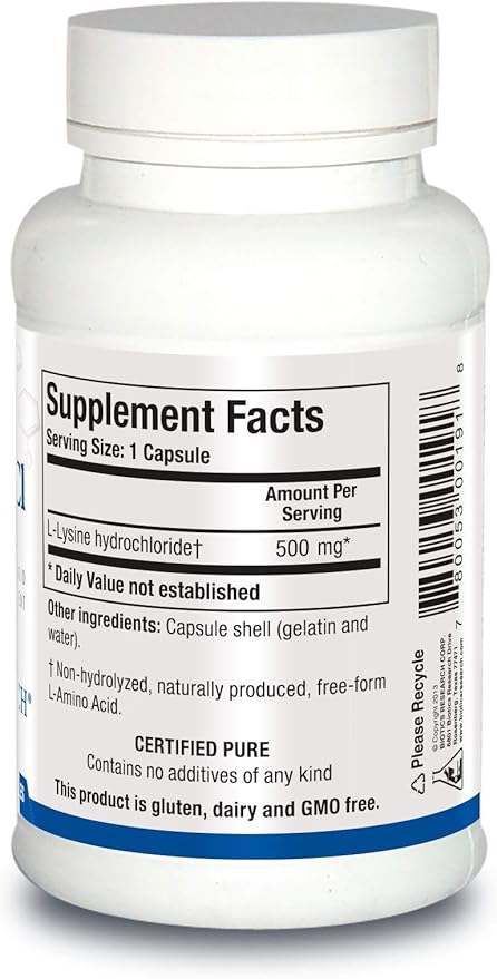 Biotics Research L Lysine HCI Amino Acid L lysine Supplement Promotes Energy, Boosts Immunity, Stimulates Calcium Absorption 100 Capsules