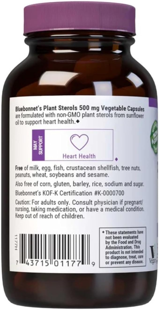 Bluebonnet Nutrition Plant Sterols 500mg Heart Health Supplement for Men & Women* - Non-GMO Beta-Sitosterol from Sunflower Oil - Vegan, Gluten-Free - 60 Vegetable Capsules