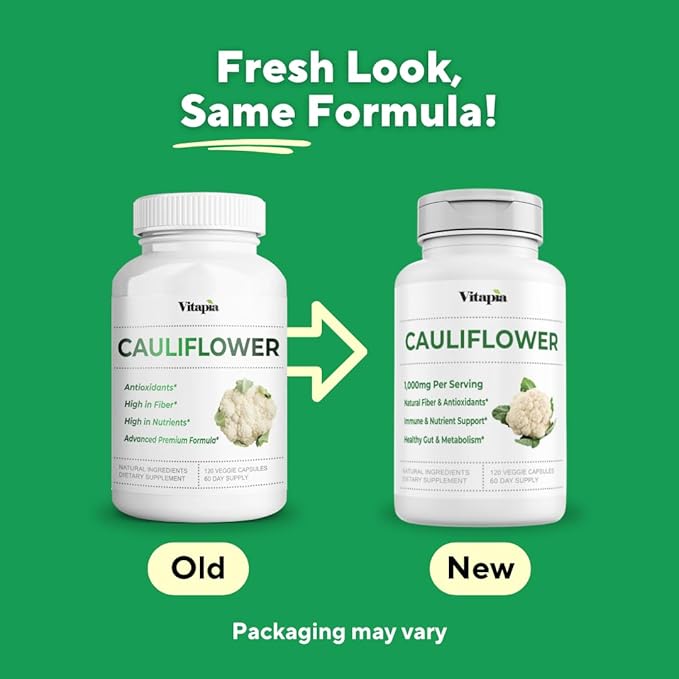 Organic Cauliflower Superfood Veggies Powder Supplement - Natural Sulforaphane, Vitamins, Minerals for Digestion, Energy, Antioxidant Support - 120 Vegetable Capsules, Non-GMO, Gluten-Free
