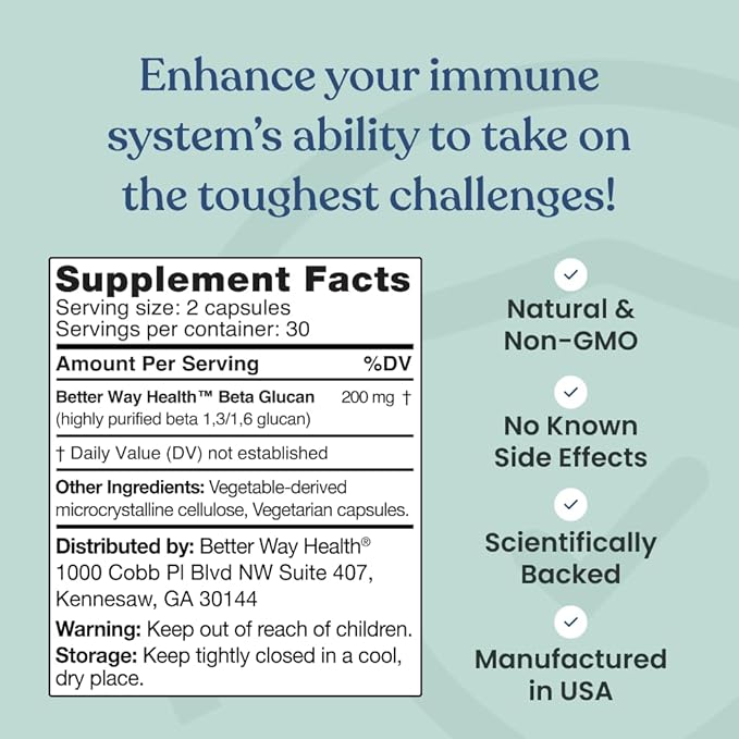 Better Way Health™ - Advanced Immune Readiness - Highly Purified 1,3/1,6 Beta Glucan 100 - Clinically Tested Immune Defense - 100mg/60 Capsules