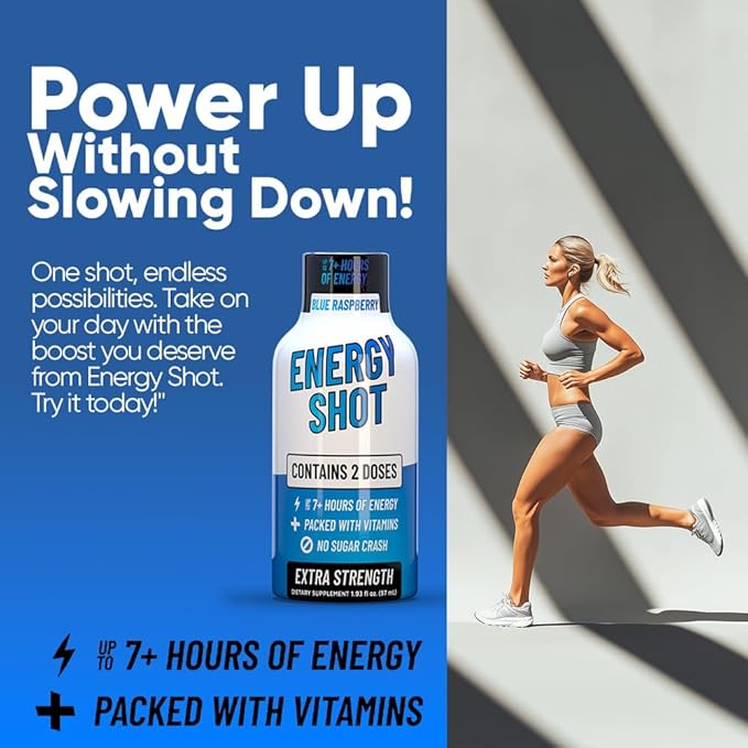 Energy Shot – 2 Servings – 100% DV B-Vitamins & 130mg Plant-Based Caffeine – Zero Calories, Sugar-Free, Vegan, Non-GMO – Energy & Productivity Support (1.93 Fl Oz (Pack of 24), Blue Raspberry)