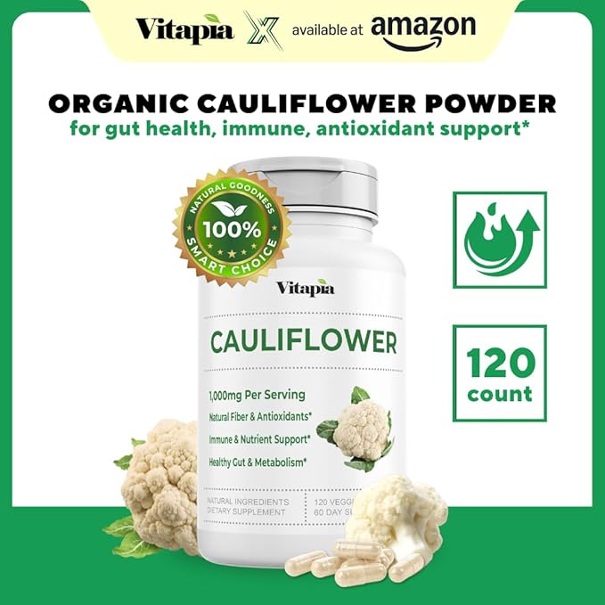 Organic Cauliflower Superfood Veggies Powder Supplement - Natural Sulforaphane, Vitamins, Minerals for Digestion, Energy, Antioxidant Support - 120 Vegetable Capsules, Non-GMO, Gluten-Free