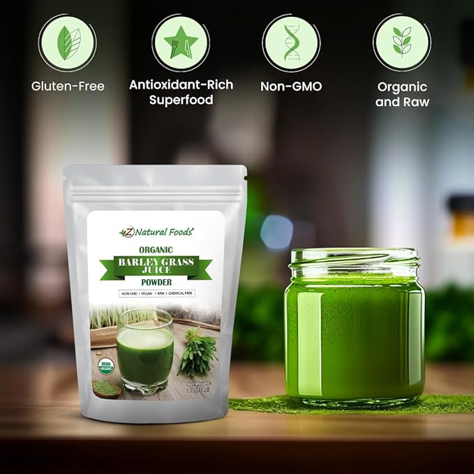 Z Natural Foods Organic Barley Grass Juice Powder - Made in USA, USDA Organic Nutrient-Dense Green Drink Mix for Energy, Detox with Amino Acids - Antioxidant Juice Blend for Water, Smoothies, 1 lb