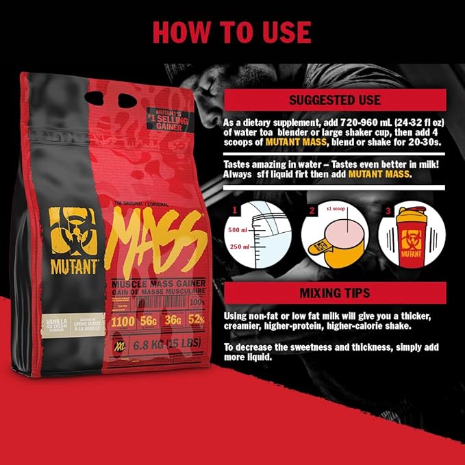 Mutant Mass Weight Gainer Protein Powder – Build Muscle Size and Strength with 1100 Calories – 56 g Protein – 26.1 g EAAs – 12.2 g of BCAAs – 15 lbs with 24 Servings – Cookies & Cream