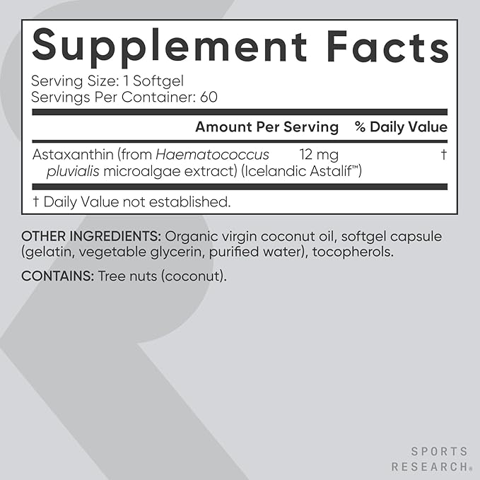 Sports Research Triple Strength Astaxanthin 12mg with Organic Coconut Oil - Antioxidant Supplement, Non-GMO Verified & Gluten Free - 60 Softgels