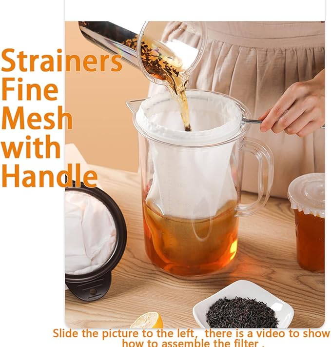 3 PCS Fine Mesh Strainer Bags with Handle, Reusable Nut Milk Bag Thai Tea Strainer, Cheesecloth for Straining NutMilk Coffee Milk Juices Honey Wine Oil
