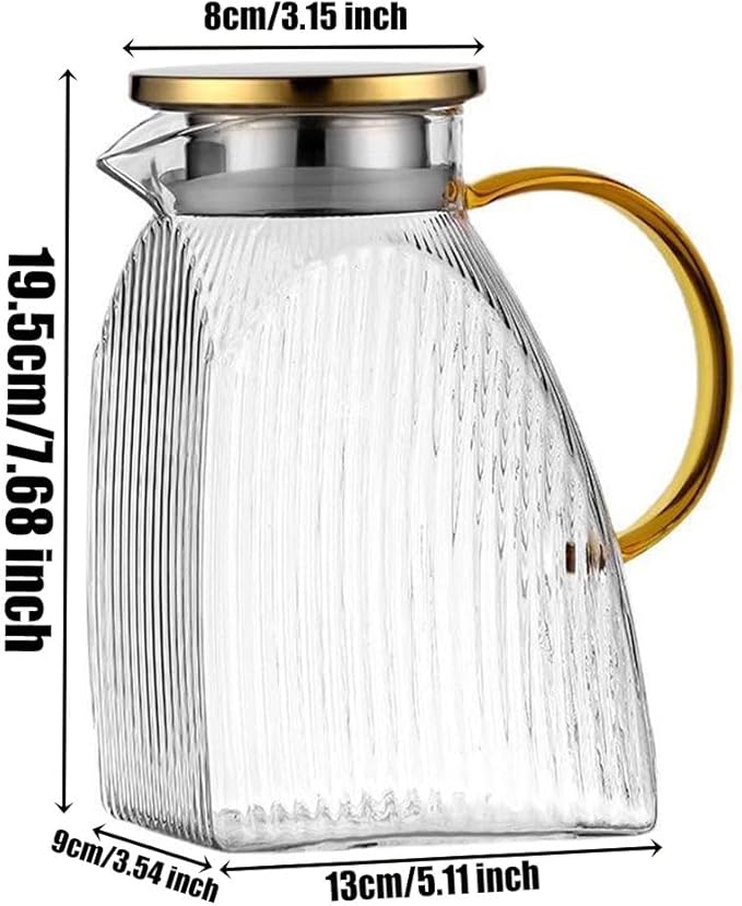 Glass Pitcher with Stainless Steel Gold Lid - 1.5L Ideal Fridge Door Water Pitcher for Hot or Cold Beverage, Iced Tea, Juice, Milk, Coffee, Lemonade
