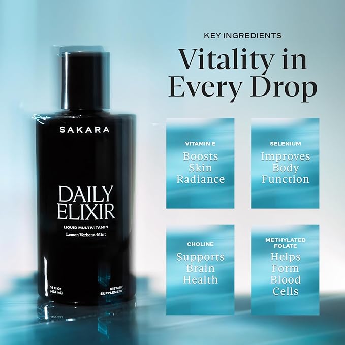 SAKARA Daily Elixir Liquid Multivitamin - Essential Nutrients for Radiant Skin & Cognitive Health - Plant-Based Bioavailable Formula with Vitamin E & Selenium - Sugar-Free Lemon Verbena-Mint, 16 fl oz