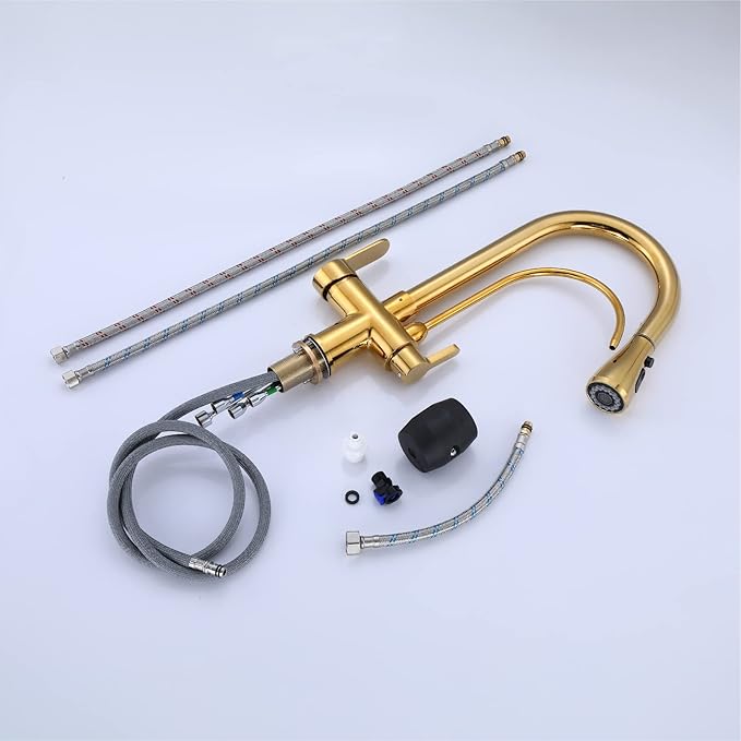 HUAHUALALA Kitchen Sink Faucet with Pull Down Sprayer 2 Handle 3 in 1 Water Filter Purifier Faucets, Brass Drinking Water Faucet Reverse Osmosis Gold