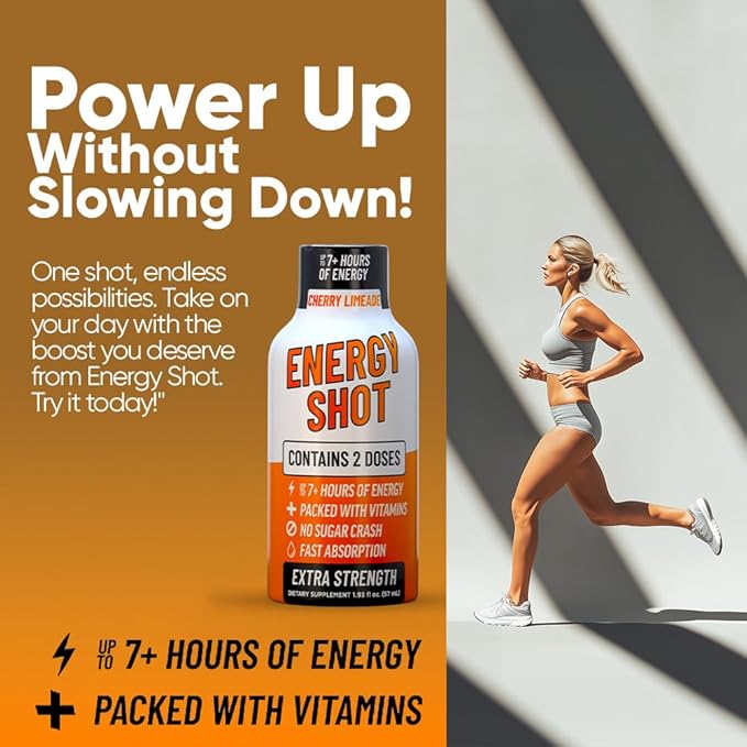 Energy Shot – 2 Servings – 100% DV B-Vitamins & 130mg Plant-Based Caffeine – Zero Calories, Sugar-Free, Vegan, Non-GMO – Energy & Productivity Support (1.93 Fl Oz (Pack of 8), Cherry Limeade)