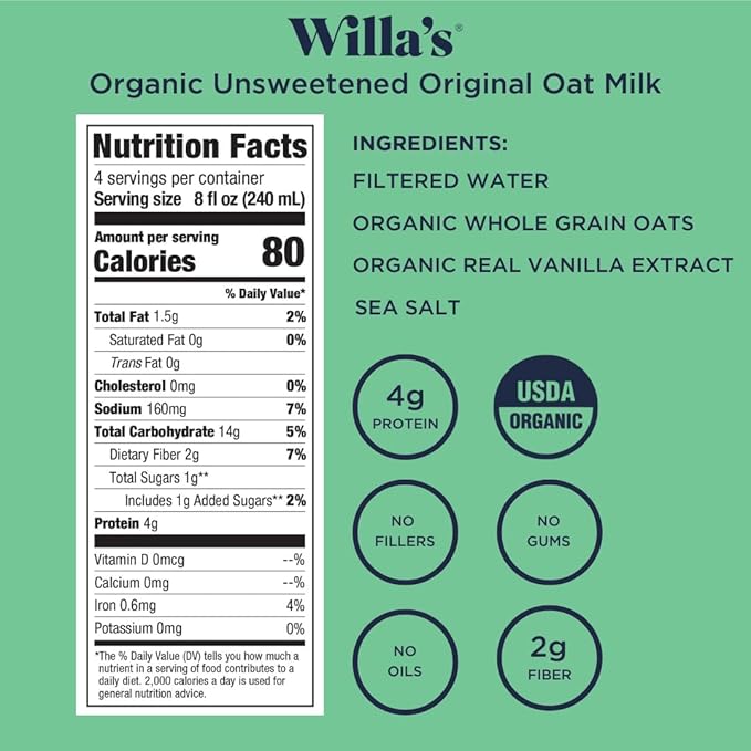 Willa's Organic Oat Milk - Unsweetened Original Oatmilk, Non-GMO, Shelf Stable, Low Sugar, Non-Dairy Milk, Made from Whole Grain Oats, No Oil, No Gums, 32 Oz - Pack of 1